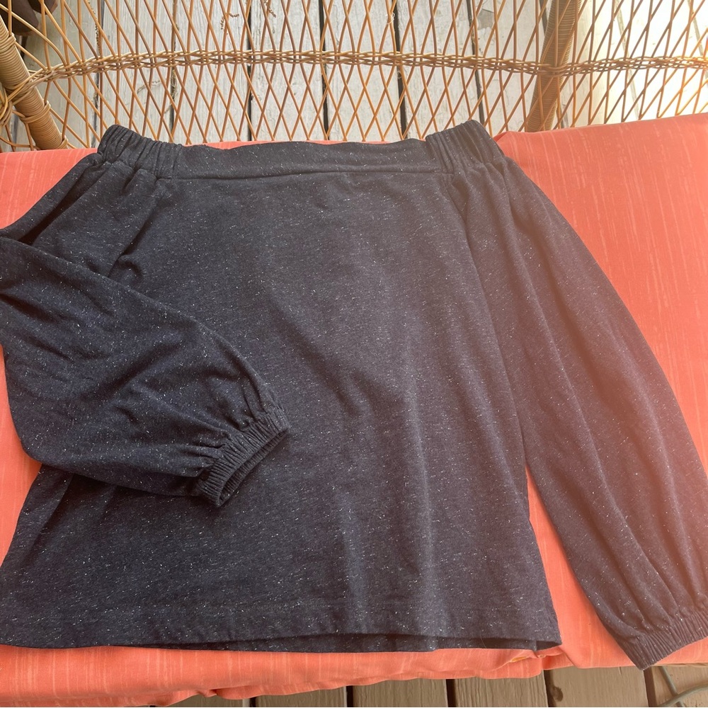 EUC Loft shimmer metallic charcoal off shoulder long blouson sleeve blouse top - Picture 4 of 7
